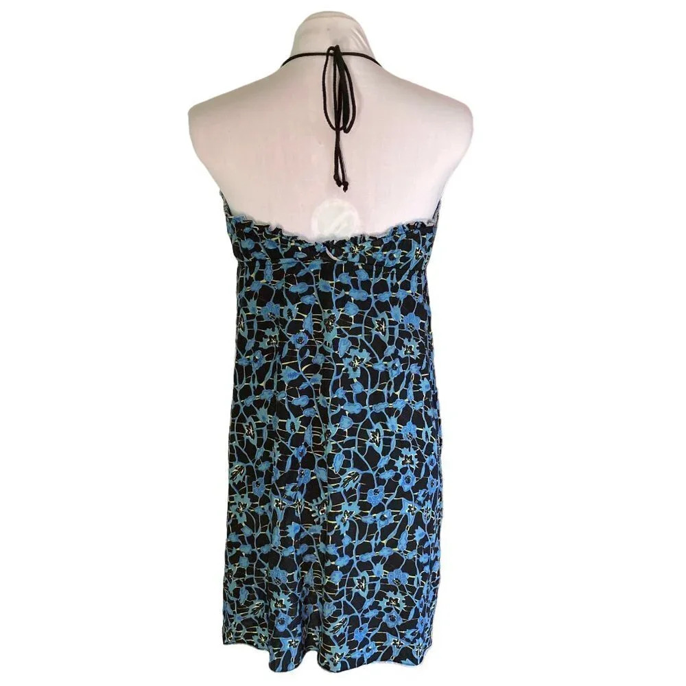 𝅺Free People Beaded Halter Dress, Black and Blue Floral‎ Pattern, Size Medium - Picture 4 of 10